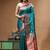 Teal green & red katan silk saree with zari woven border & traditional floral design
