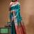 Teal green & red katan silk saree with zari woven border & traditional floral design