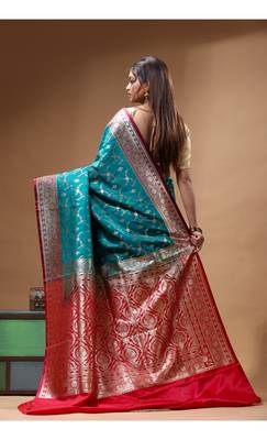 Teal green & red katan silk saree with zari woven border & traditional floral design 3