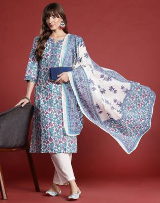 Floral Printed Pure Cotton Kurta with Trousers & With Dupatta 1