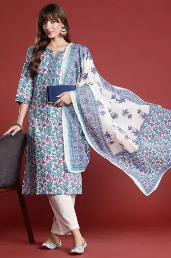 Floral Printed Pure Cotton Kurta with Trousers & With Dupatta