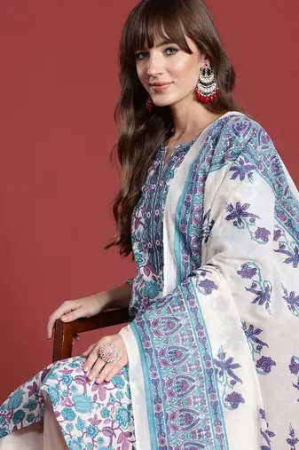 Floral Printed Pure Cotton Kurta with Trousers & With Dupatta