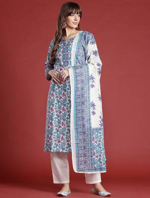 Floral Printed Pure Cotton Kurta with Trousers & With Dupatta 6