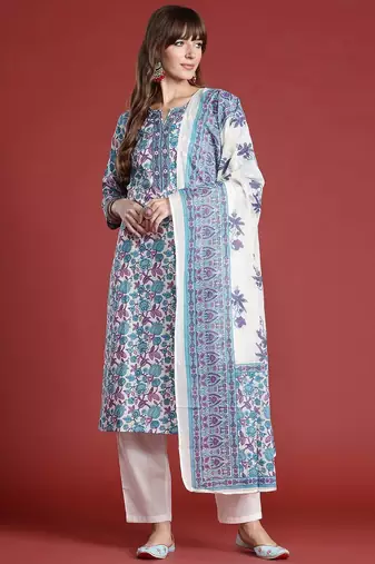 Floral Printed Pure Cotton Kurta with Trousers & With Dupatta