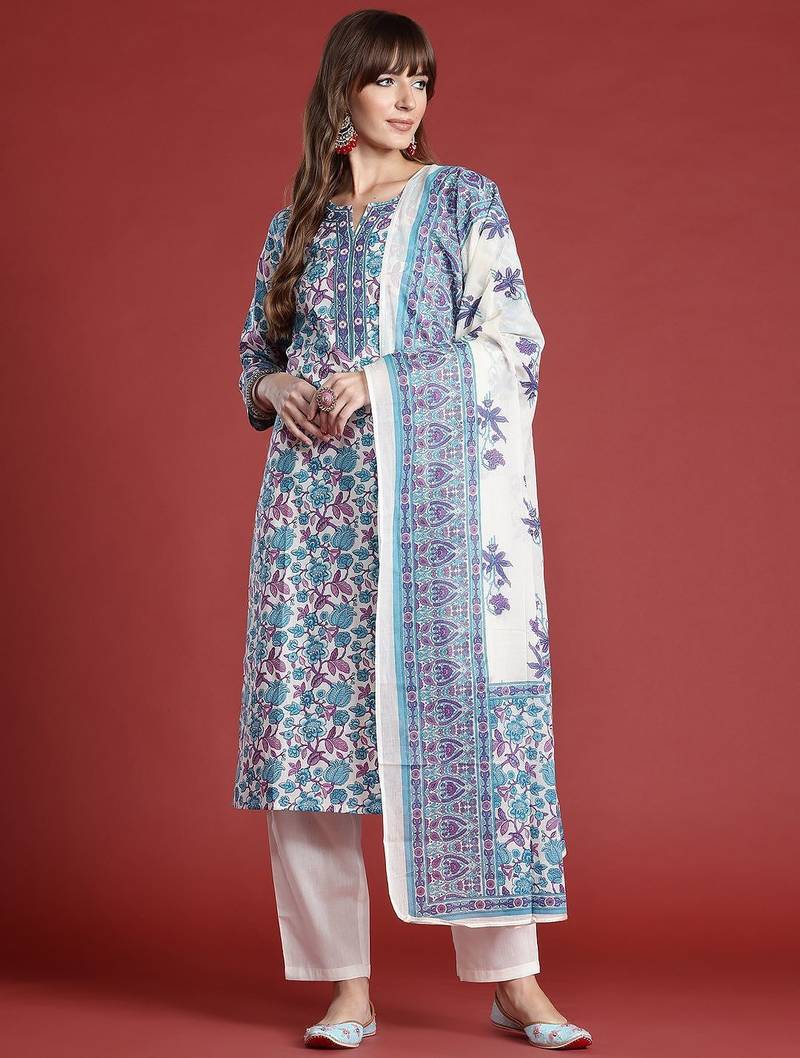 Floral Printed Pure Cotton Kurta with Trousers & With Dupatta