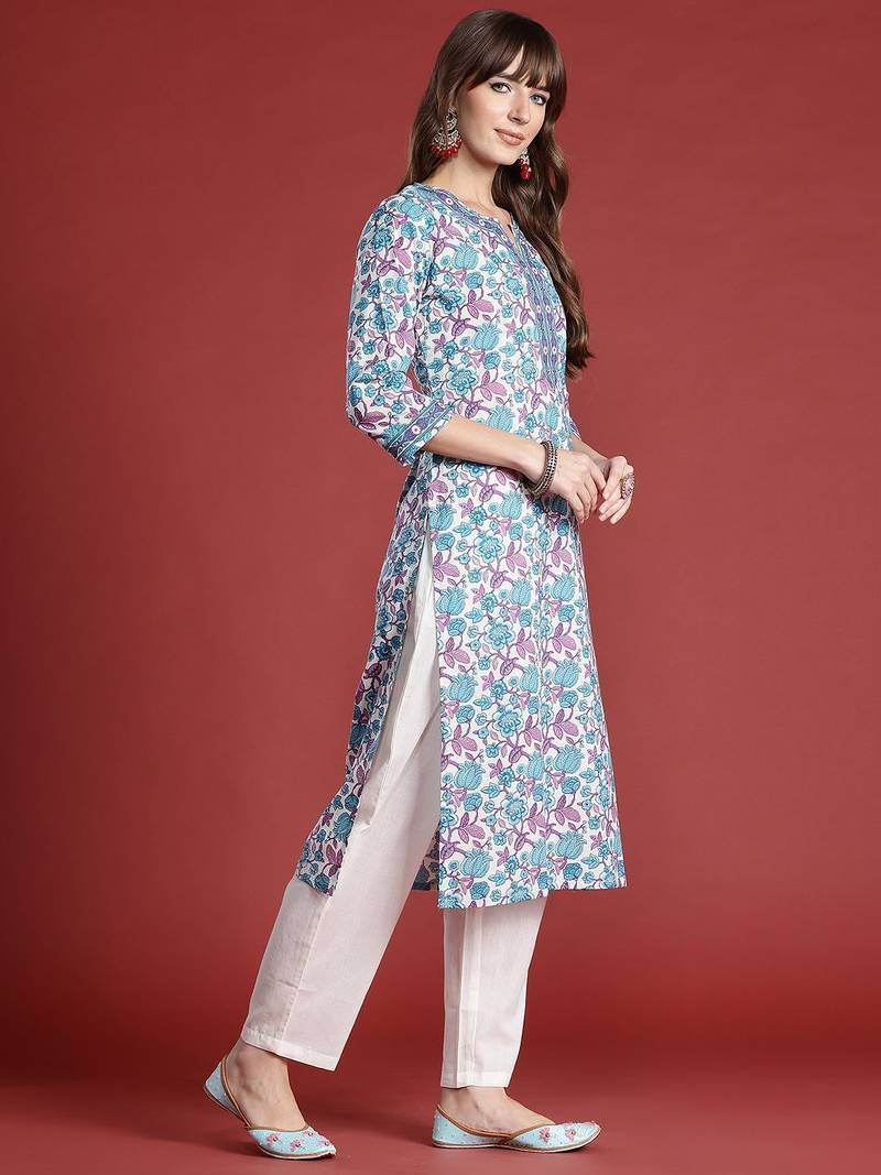 Floral Printed Pure Cotton Kurta with Trousers & With Dupatta