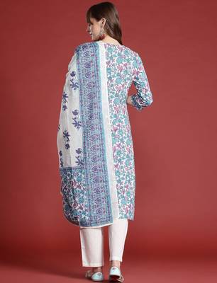 Floral Printed Pure Cotton Kurta with Trousers & With Dupatta 8