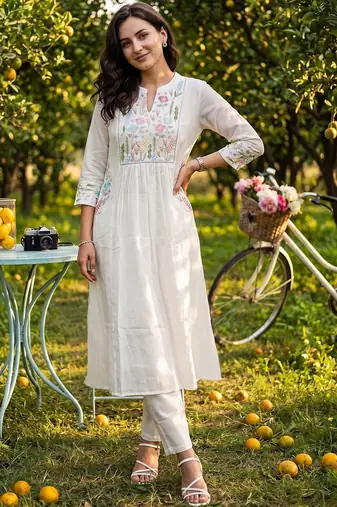 Women Floral Embroidered Empire Thread Work Pure Cotton Kurta with Trousers