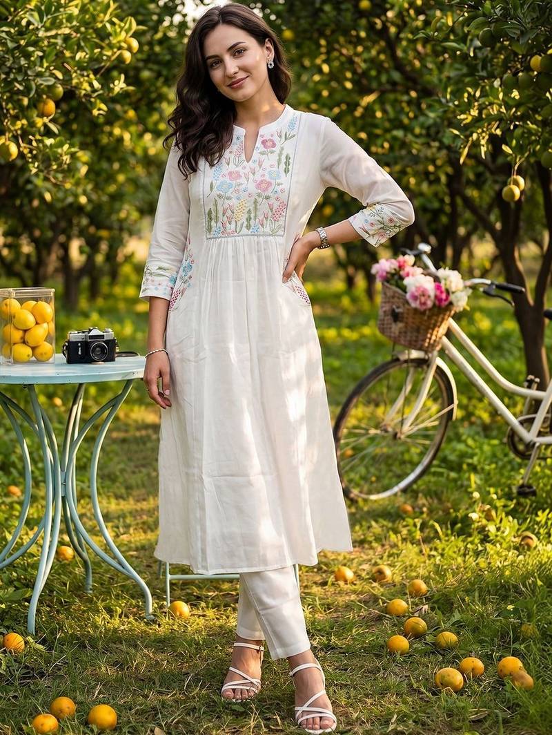Women Floral Embroidered Empire Thread Work Pure Cotton Kurta with Trousers