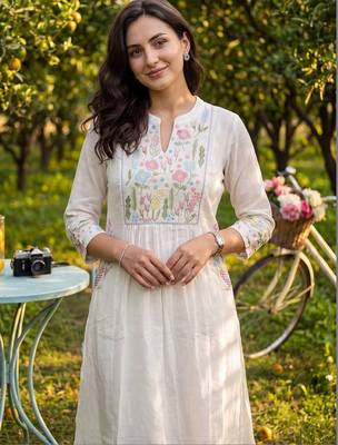 Women Floral Embroidered Empire Thread Work Pure Cotton Kurta with Trousers 2