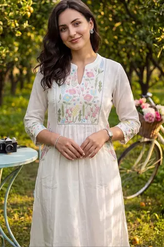 Women Floral Embroidered Empire Thread Work Pure Cotton Kurta with Trousers