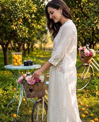 Women Floral Embroidered Empire Thread Work Pure Cotton Kurta with Trousers 3