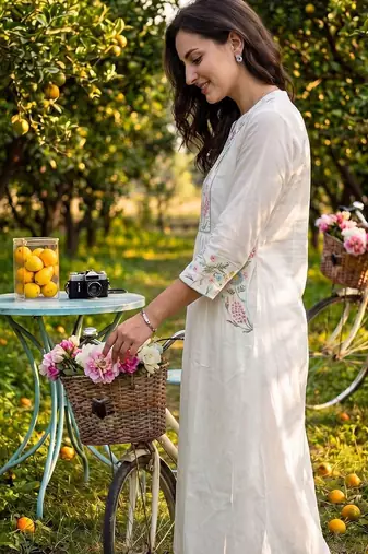 Women Floral Embroidered Empire Thread Work Pure Cotton Kurta with Trousers