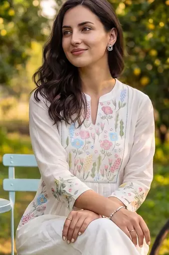 Women Floral Embroidered Empire Thread Work Pure Cotton Kurta with Trousers