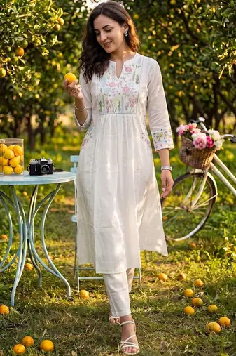 Women Floral Embroidered Empire Thread Work Pure Cotton Kurta with Trousers