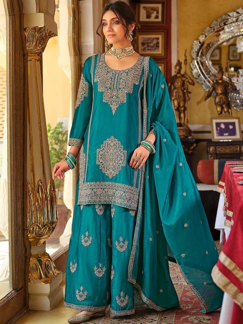 Women Ethnic Motifs Embroidered Mirror Work Kurta with Palazzos & Dupatta