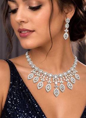 Cubic Zirconia Bridal Necklace Earrings Set, Silver Crystal Statement Jewelry 1