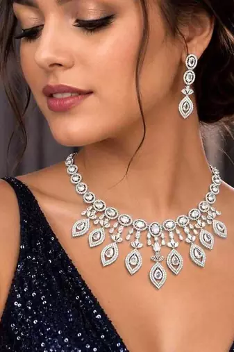 Cubic Zirconia Bridal Necklace Earrings Set, Silver Crystal Statement Jewelry