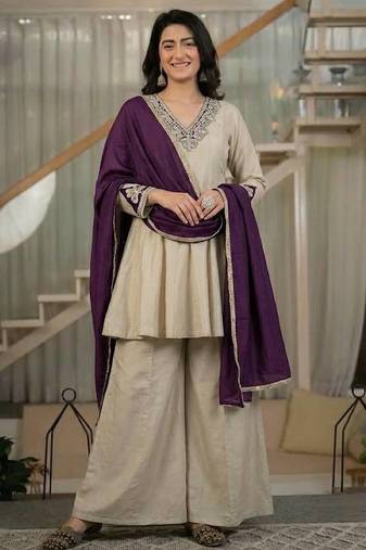 Cream sequin Embroidery And Bits Hand Work Silk Blend Salwar Suit