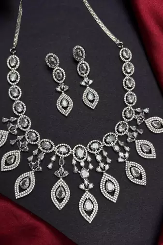Cubic Zirconia Bridal Necklace Earrings Set, Silver Crystal Statement Jewelry