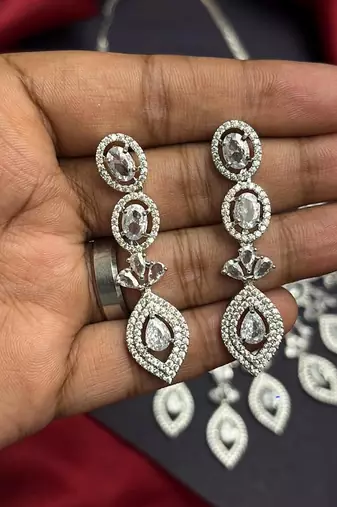 Cubic Zirconia Bridal Necklace Earrings Set, Silver Crystal Statement Jewelry