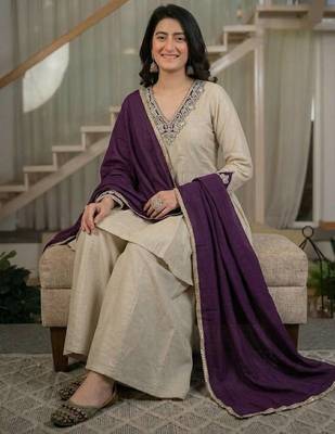 Cream sequin Embroidery And Bits Hand Work Silk Blend Salwar Suit 2