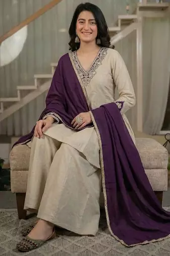 Cream sequin Embroidery And Bits Hand Work Silk Blend Salwar Suit
