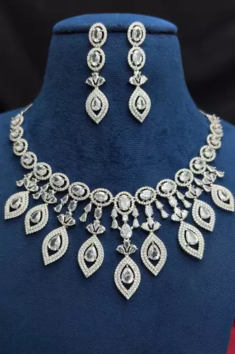 Cubic Zirconia Bridal Necklace Earrings Set, Silver Crystal Statement Jewelry