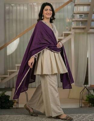 Cream sequin Embroidery And Bits Hand Work Silk Blend Salwar Suit 3