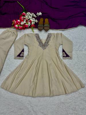 Cream sequin Embroidery And Bits Hand Work Silk Blend Salwar Suit 4