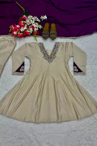 Cream sequin Embroidery And Bits Hand Work Silk Blend Salwar Suit