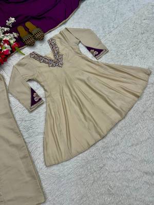 Cream sequin Embroidery And Bits Hand Work Silk Blend Salwar Suit 5