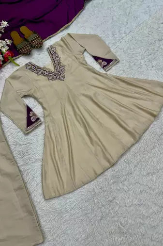 Cream sequin Embroidery And Bits Hand Work Silk Blend Salwar Suit
