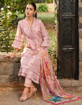 V Neck Floral Embroidered Panelled A Line Kurta with Trouser & Dupatta 1