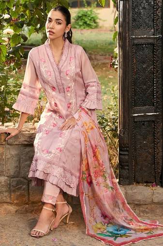 v neck floral embroidered panelled a line kurta with trouser & dupatta