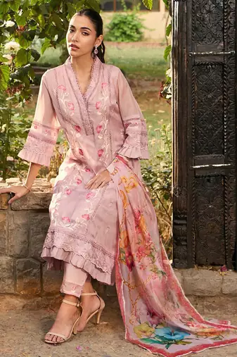 V Neck Floral Embroidered Panelled A Line Kurta with Trouser & Dupatta