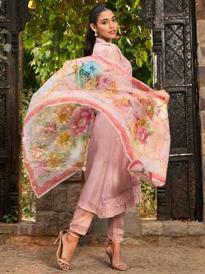 V Neck Floral Embroidered Panelled A Line Kurta with Trouser & Dupatta 4