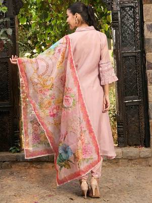 V Neck Floral Embroidered Panelled A Line Kurta with Trouser & Dupatta 5