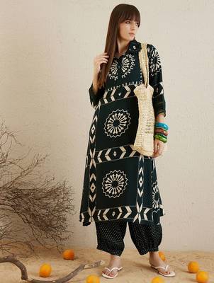 Green Floral Printed Stones & Beads Shirt Collar Straight Kurta with Salwar 1