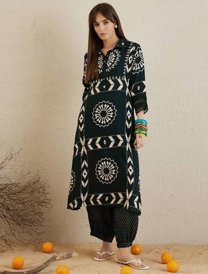 Green Floral Printed Stones & Beads Shirt Collar Straight Kurta with Salwar 2