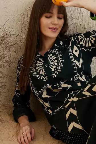 Green Floral Printed Stones & Beads Shirt Collar Straight Kurta with Salwar