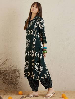 Green Floral Printed Stones & Beads Shirt Collar Straight Kurta with Salwar 4