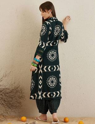 Green Floral Printed Stones & Beads Shirt Collar Straight Kurta with Salwar 5
