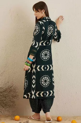 Green Floral Printed Stones & Beads Shirt Collar Straight Kurta with Salwar