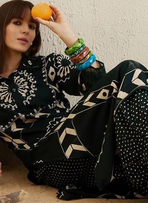 Green Floral Printed Stones & Beads Shirt Collar Straight Kurta with Salwar 6