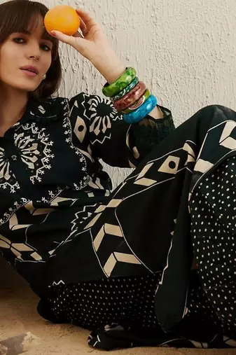 Green Floral Printed Stones & Beads Shirt Collar Straight Kurta with Salwar
