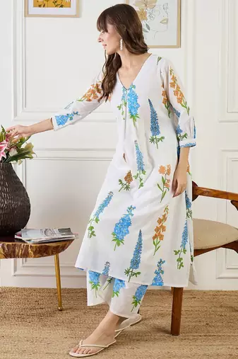 Floral Printed A-Line Pure Cotton Kurta With Trouser