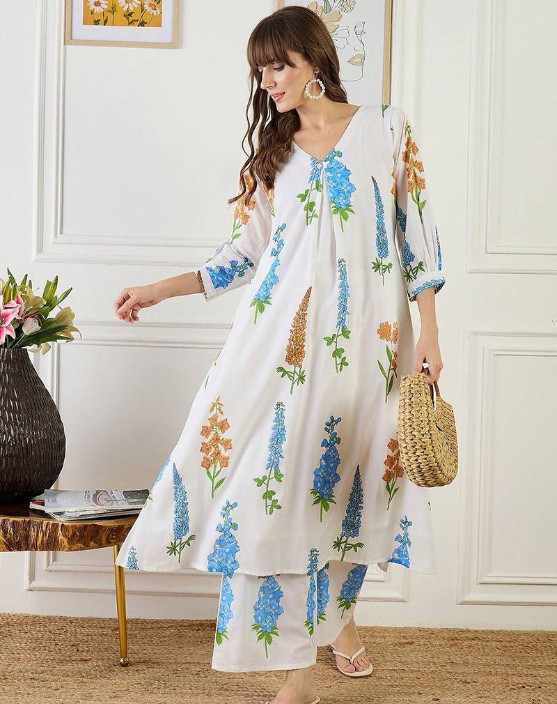 Floral Printed A-Line Pure Cotton Kurta With Trouser