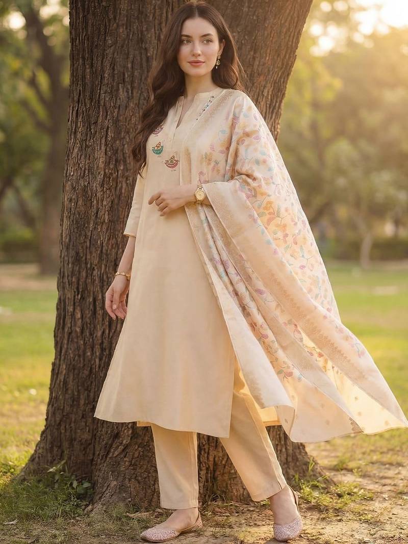 Women Ethnic Motifs Embroidered Regular Thread Work Kurta with Trousers & With Dupatta
