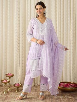 women ethnic motifs embroidered regular chikankari  cotton kurta with trousers & with dupatta 1